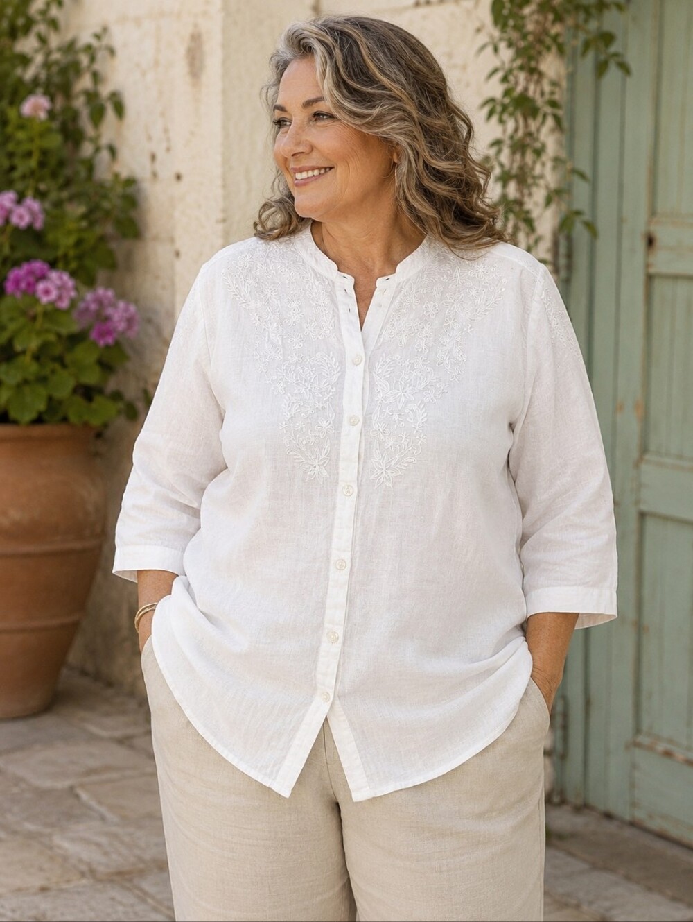 100% Linen Embroidered Button-Down Top |Sz. 2X | White | Coastal Cottage Grandma